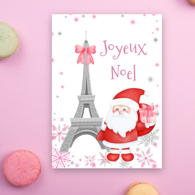 Eiffel Tower and Santa Pink Paris Christmas Holiday Card (Creator Uploaded)