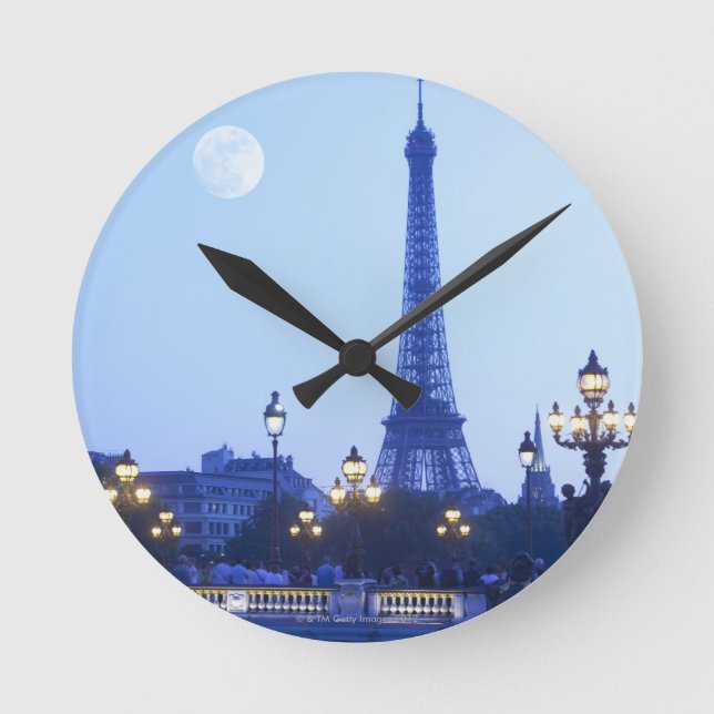 Eiffel Tower at Dusk Round Clock (Front)