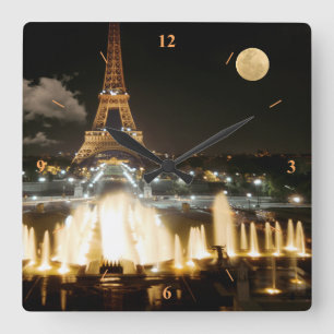 Eiffel Tower at Night Square Wall Clock