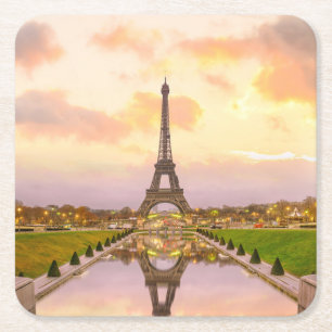 Eiffel Tower at Sunrise from Trocadero Fountains Square Paper Coaster