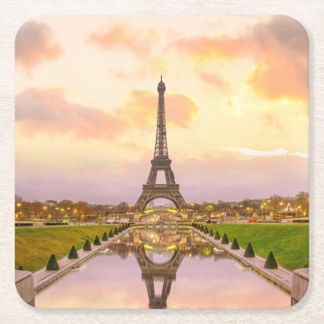 Eiffel Tower at Sunrise from Trocadero Fountains Square Paper Coaster (Front)