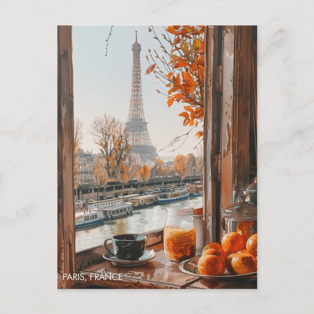 Eiffel Tower Autumn Paris in Watercolor Travel Art Postcard (Front)