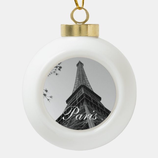 Eiffel Tower b/w Ceramic Ball Christmas Ornament (Front)