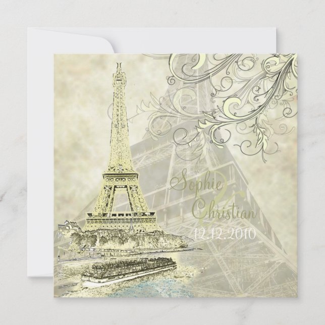 Eiffel Tower+bateau mouche+swirls wedding invites (Front)