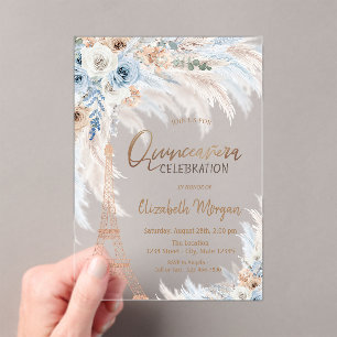 Eiffel Tower Blue Roses Pampas Grass Quinceanera Acrylic Invitations