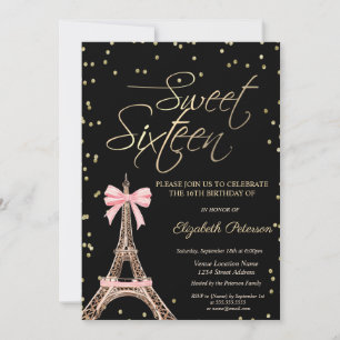 Eiffel Tower Bow Gold Diamonds Black Sweet 16 Invitation