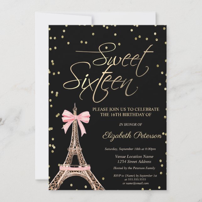 Eiffel Tower Bow Gold Diamonds Black Sweet 16  Invitation (Front)