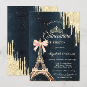 Eiffel Tower Bow Tiara,Drips Dark Blue Quinceañera Invitation
