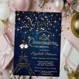 Eiffel Tower,Bow Tiara,Stars Navy Blue Quinceañera Invitation