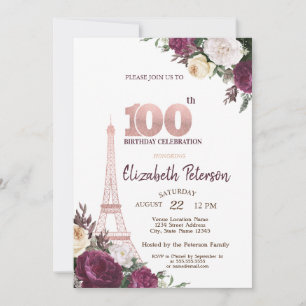 Eiffel Tower Burgundy Flowers 100th Birthday Invitation