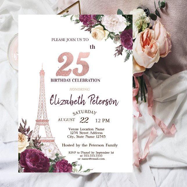 Eiffel Tower Burgundy Flowers 25th Birthday Invitation (Creator Uploaded)