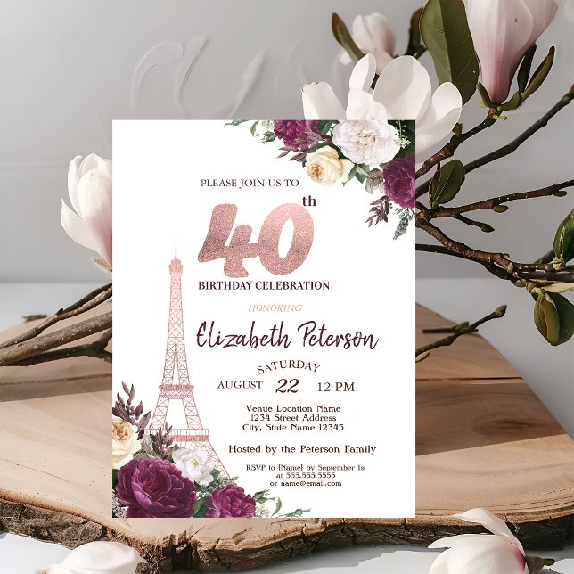Eiffel Tower Burgundy Flowers 40th Birthday Invitation (Creator Uploaded)