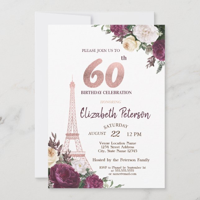 Eiffel Tower Burgundy Flowers 60th Birthday Invitation (Front)