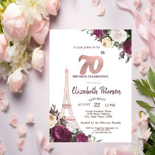 Eiffel Tower Burgundy Flowers 70th Birthday Invitation