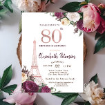 Eiffel Tower Burgundy Flowers 80th Birthday Invitation<br><div class="desc">Glitter Eiffel tower,  burgundy flowers,  and gold confetti on rose gold background birthday party invitation.</div>