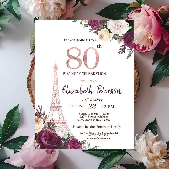 Eiffel Tower Burgundy Flowers 80th Birthday Invitation (Creator Uploaded)