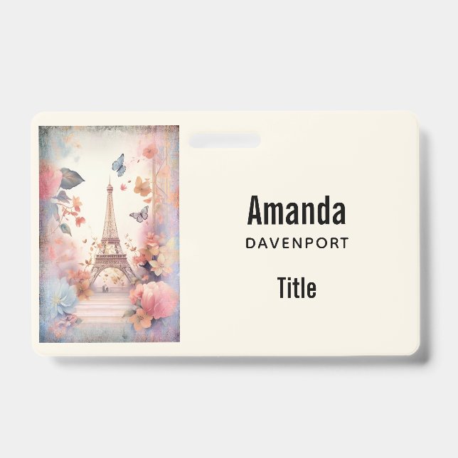Eiffel Tower Butterflies and Flowers ID Badge (Front)