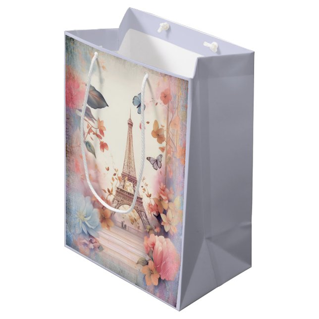Eiffel Tower Butterflies and Flowers Medium Gift Bag (Front Angled)