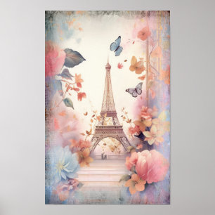 Eiffel Tower Butterflies and Flowers Poster