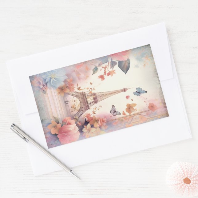 Eiffel Tower Butterflies and Flowers Rectangular Sticker (Envelope)