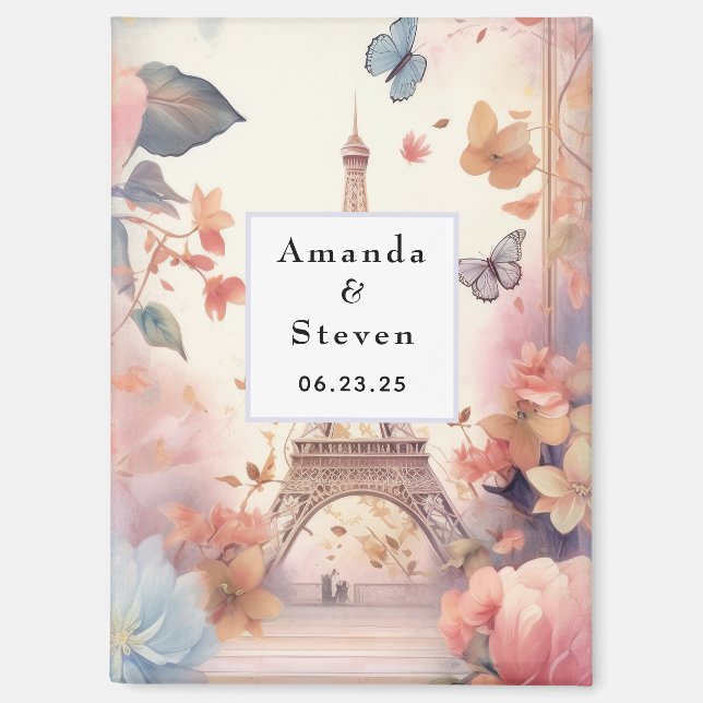 Eiffel Tower Butterflies and Flowers Save the Date Magnet (Front)