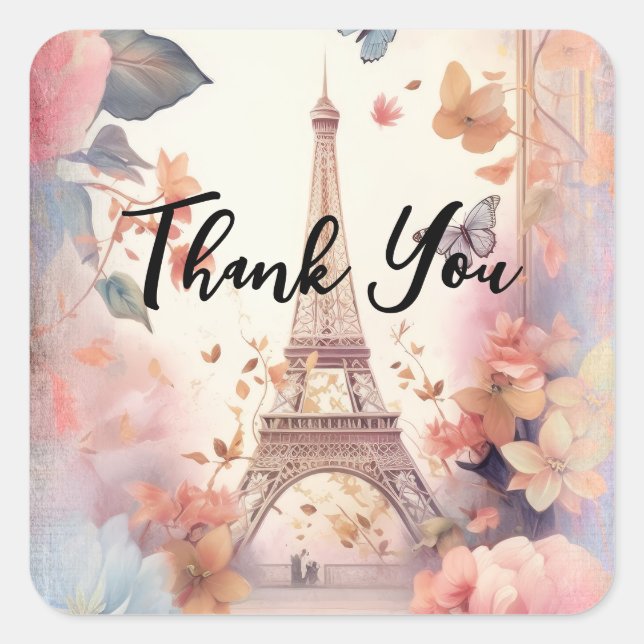 Eiffel Tower Butterflies and Flowers Thank You Square Sticker (Front)