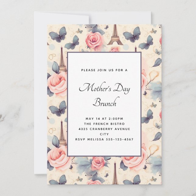 Eiffel Tower Butterfly and Roses Mother's Day Invitation (Front)