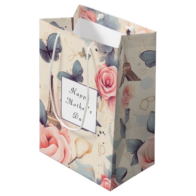 Eiffel Tower Butterfly and Roses Mother's Day Medium Gift Bag (Front Angled)