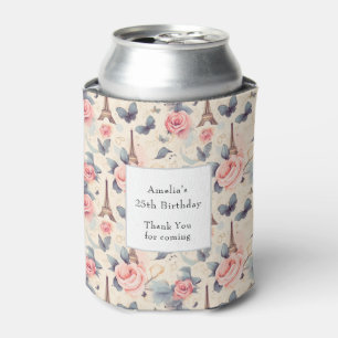 Eiffel Tower Butterfly and Roses Pattern Birthday Can Cooler