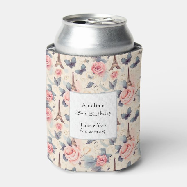 Eiffel Tower Butterfly and Roses Pattern Birthday Can Cooler (Can Front)