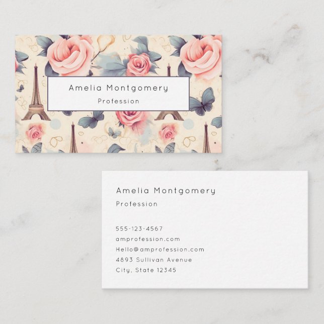 Eiffel Tower Butterfly and Roses Pattern Business Card (Front/Back)