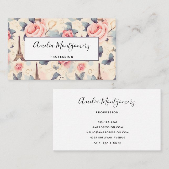 Eiffel Tower Butterfly and Roses Pattern Business Card (Front/Back)