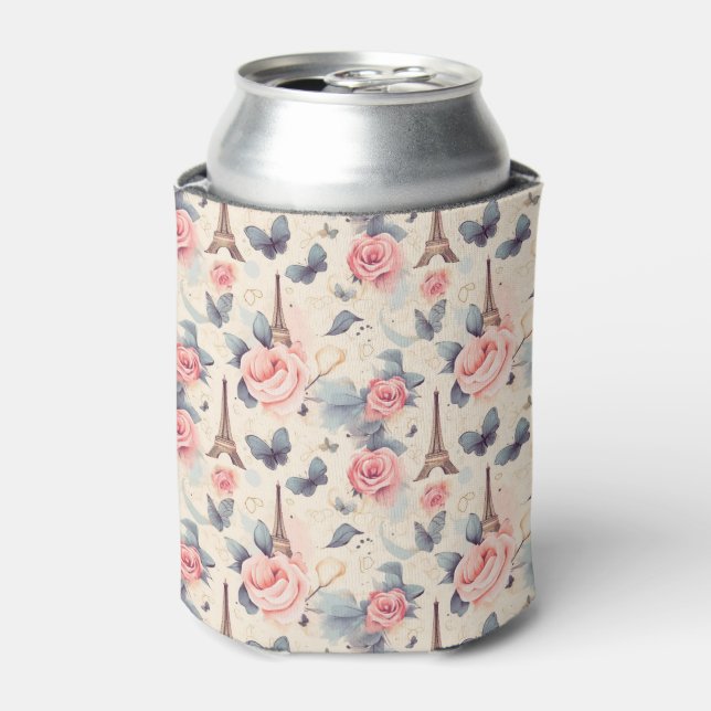 Eiffel Tower Butterfly and Roses Pattern Can Cooler (Can Front)