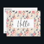 Eiffel Tower Butterfly and Roses Pattern Hello Postcard<br><div class="desc">A postcard with an elegant pattern. Pink roses,  blue-grey butterflies and an Eiffel tower. A French themed pattern.</div>