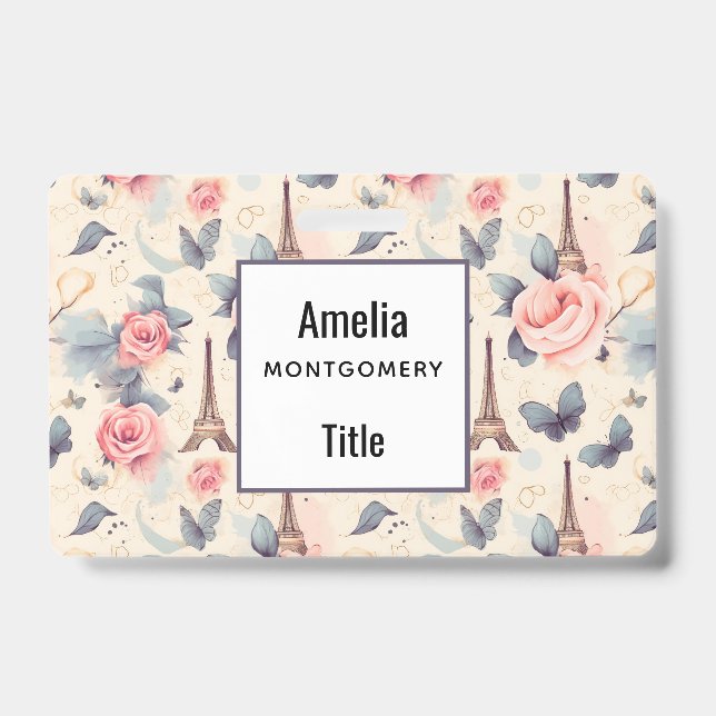 Eiffel Tower Butterfly and Roses Pattern ID Badge (Front)