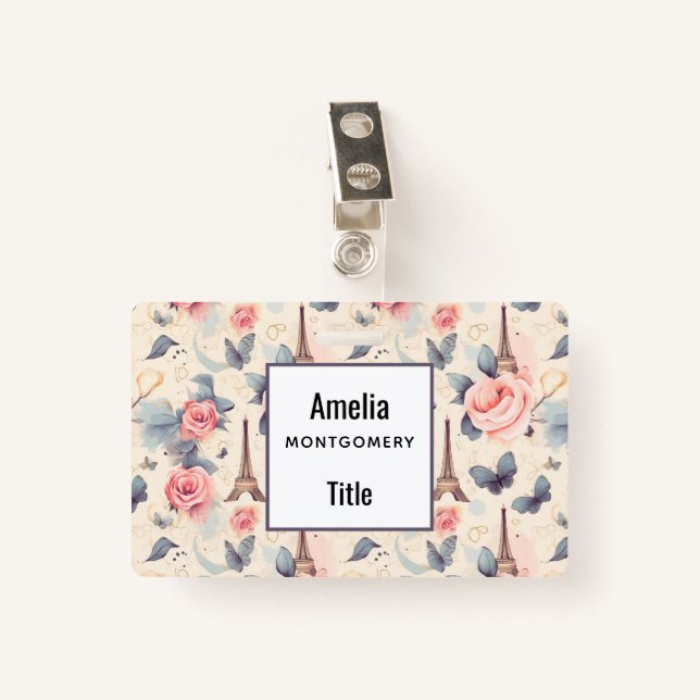 Eiffel Tower Butterfly and Roses Pattern ID Badge (Front with Clip)