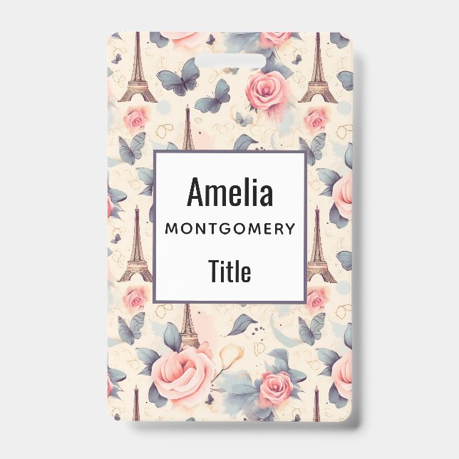 Eiffel Tower Butterfly and Roses Pattern ID Badge (Front)