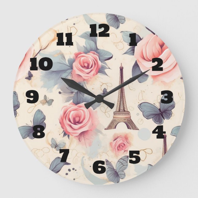 Eiffel Tower Butterfly and Roses Pattern Large Clock (Front)