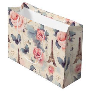 Eiffel Tower Butterfly and Roses Pattern Large Gift Bag