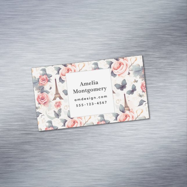 Eiffel Tower Butterfly and Roses Pattern Magnetic Business Card (In Situ)