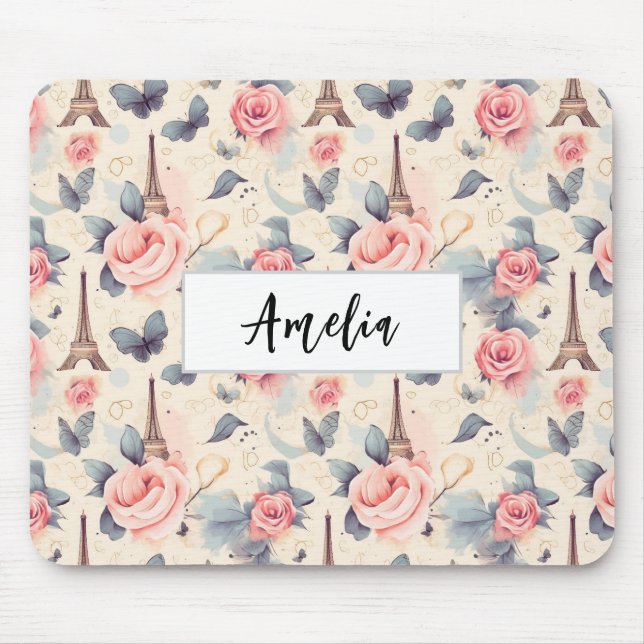 Eiffel Tower Butterfly and Roses Pattern Mouse Pad (Front)