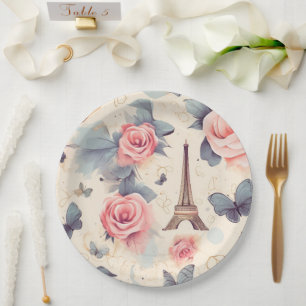 Eiffel Tower Butterfly and Roses Pattern Paper Plate