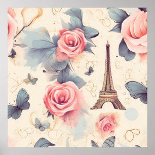 Eiffel Tower Butterfly and Roses Pattern Poster