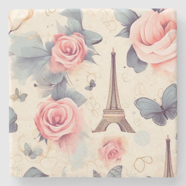 Eiffel Tower Butterfly and Roses Pattern Stone Coaster (Front)