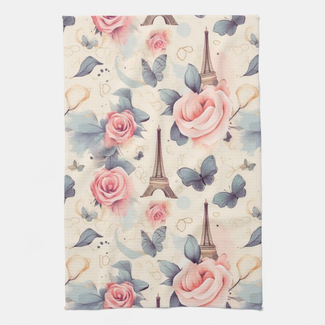 Eiffel Tower Butterfly and Roses Pattern Tea Towel (Vertical)