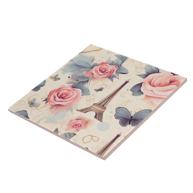 Eiffel Tower Butterfly and Roses Pattern Tile (Side)