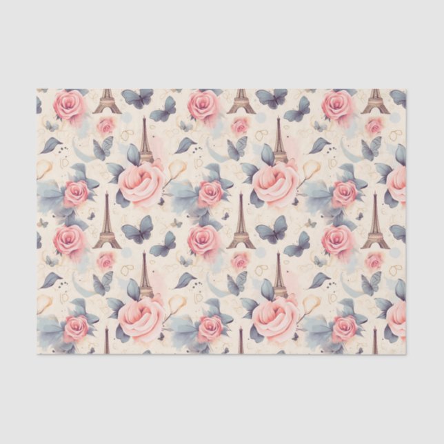 Eiffel Tower Butterfly and Roses Pattern Tissue Paper (Front)