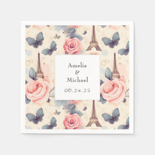 Eiffel Tower Butterfly and Roses Pattern Wedding Napkin