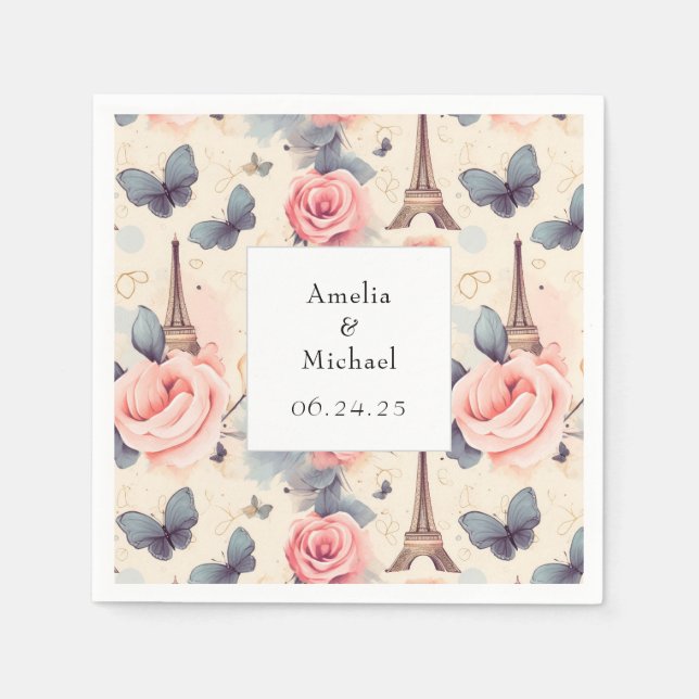 Eiffel Tower Butterfly and Roses Pattern Wedding Napkin (Front)