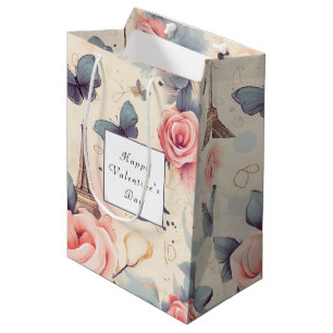 Eiffel Tower Butterfly and Roses Valentine's Day Medium Gift Bag